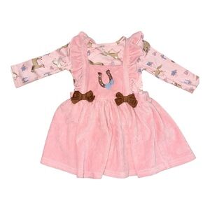 Pink Corduroy Dress with Horse Print